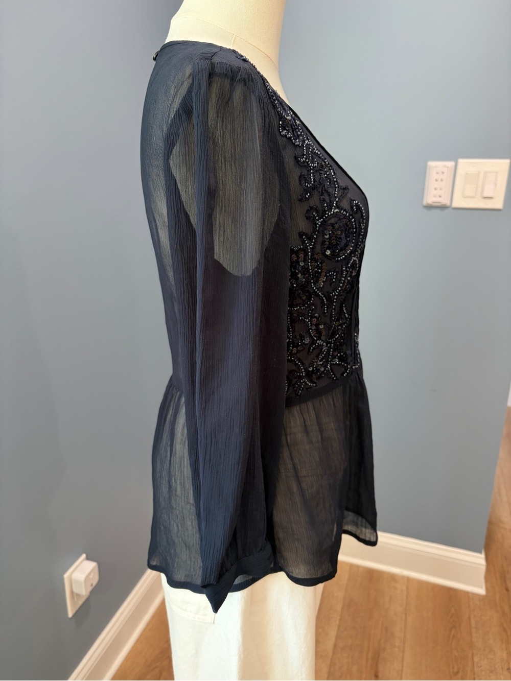 Maeve Navy Beaded Chiffon Peplum Blouse Sheer Long Sleeve Small Anthropologie - Picture 4 of 8